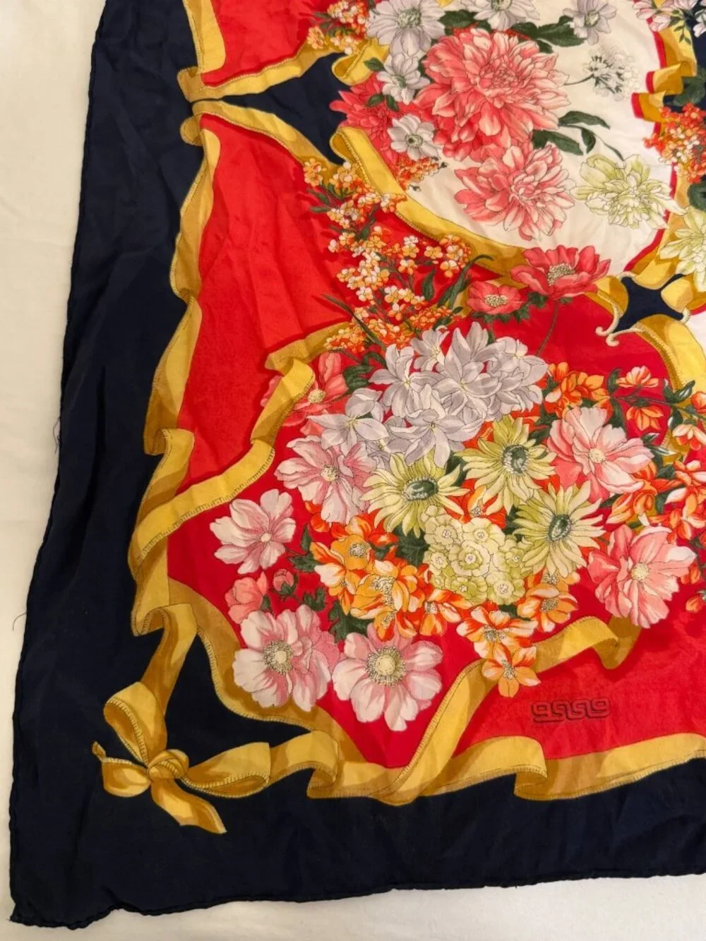 VINTAGE ERRE RED GOLD RIBBON MOTIF FLORAL HAND ROLLED SQUARE SILK SCARF ITALY